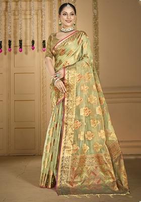 Pastel Green Woven Organza Saree Set