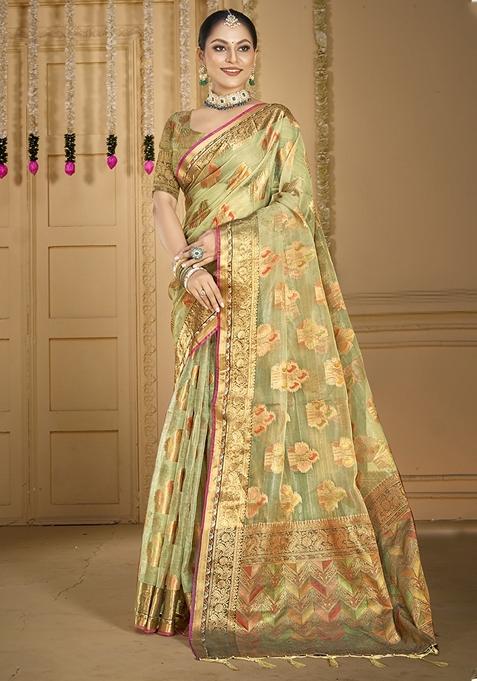 Pastel Green Woven Organza Saree Set