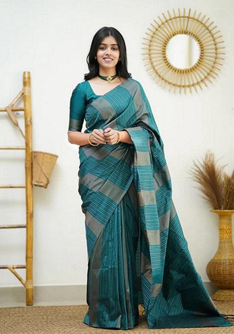 Rama Blue Jacquard Soft Lichi Silk Saree Set