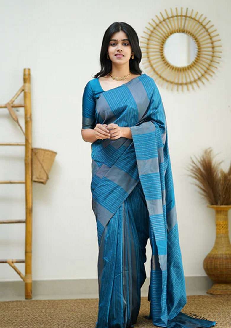 Sky Blue Jacquard Soft Lichi Silk Blend Saree Set for Diwali and Festive Wear - Indya