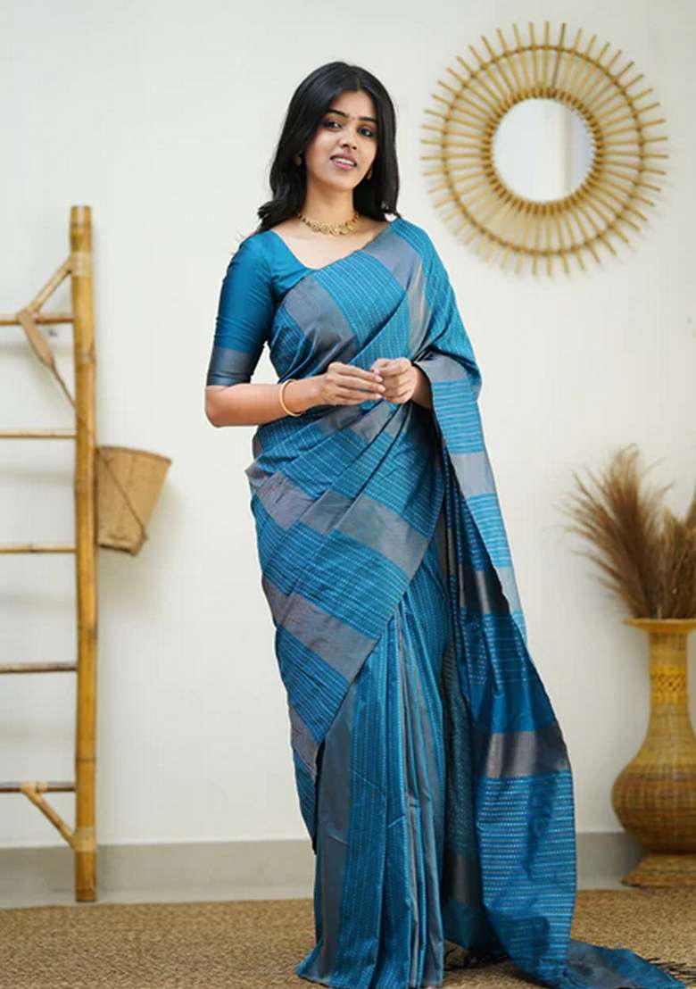 Sky Blue Jacquard Soft Lichi Silk Blend Saree Set for Diwali and Festive Wear - Indya