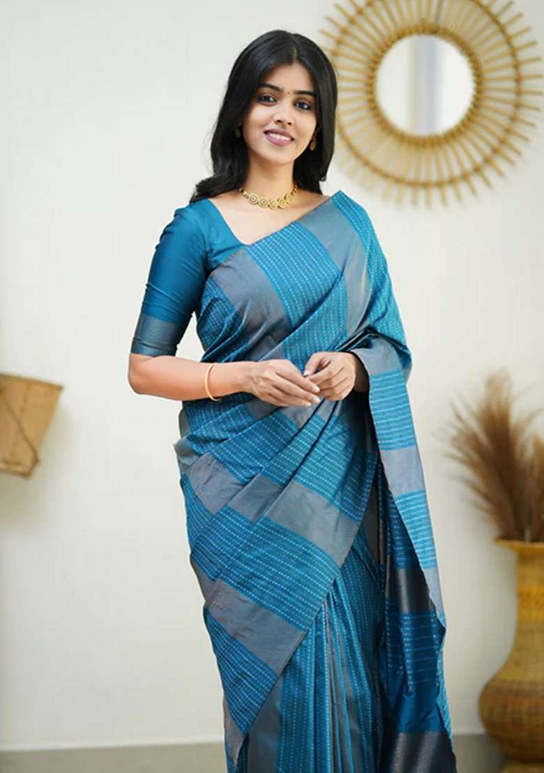Sky Blue Jacquard Soft Lichi Silk Blend Saree Set for Diwali and Festive Wear - Indya