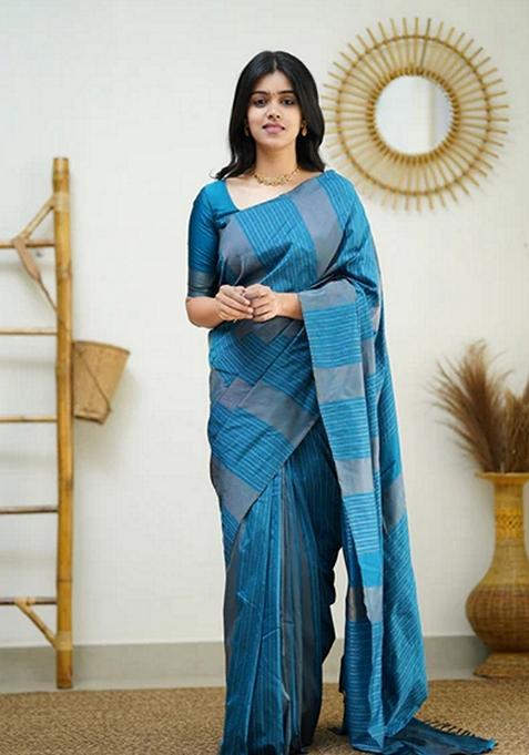 Sky Blue Jacquard Soft Lichi Silk Saree Set