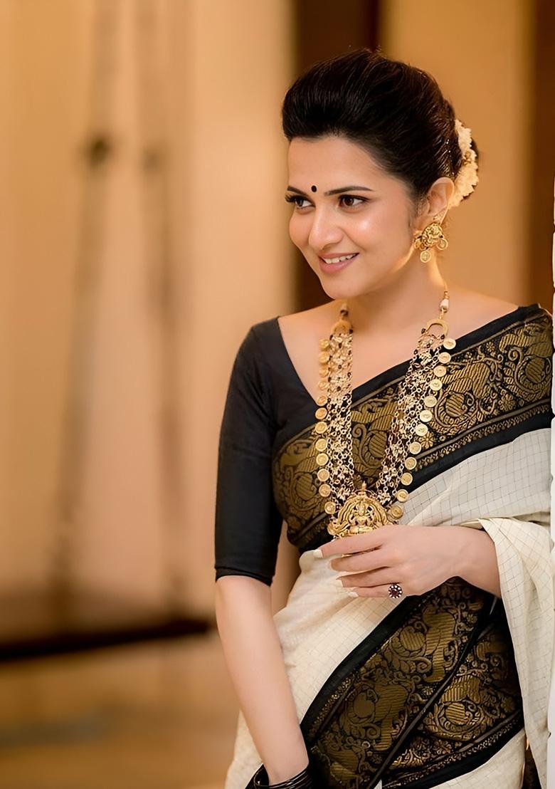 White And Black Jacquard Soft Lichi Silk Saree Set