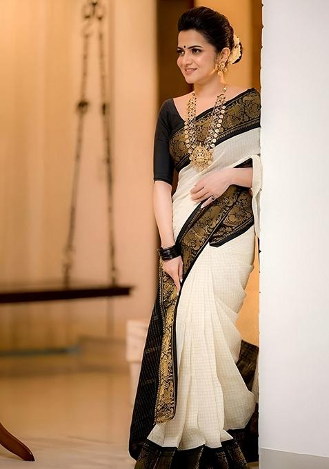 White And Black Jacquard Soft Lichi Silk Saree Set