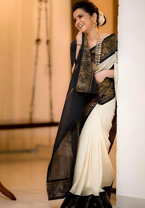 White And Black Jacquard Soft Lichi Silk Saree Set