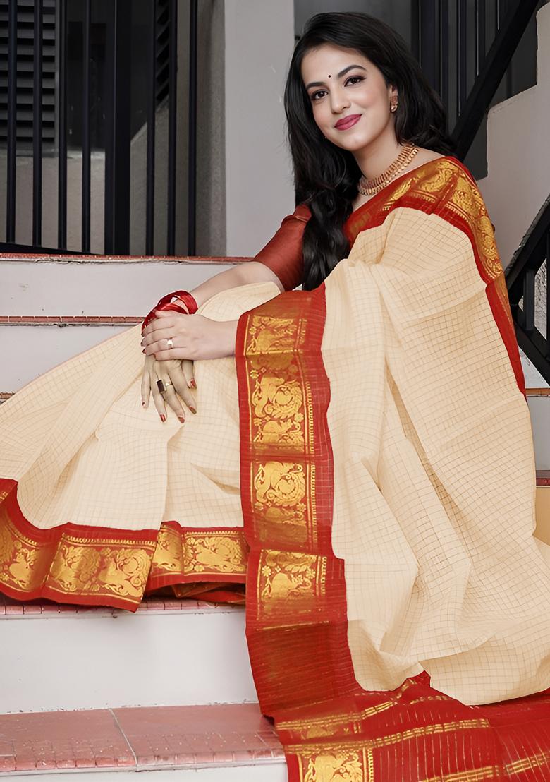White And Red Jacquard Soft Lichi Silk Saree Set