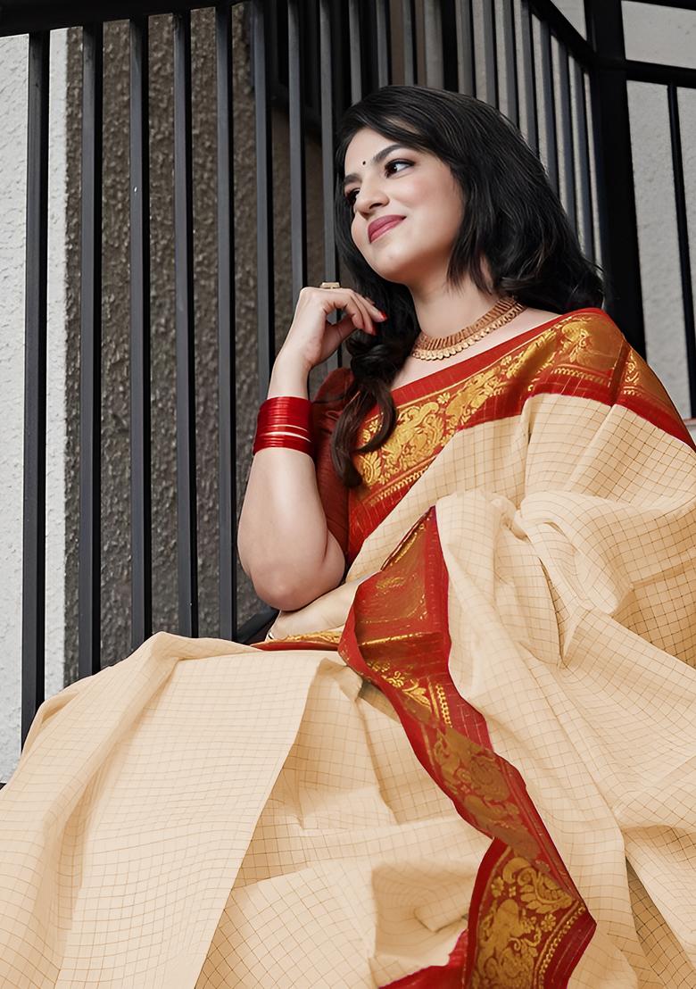 White And Red Jacquard Soft Lichi Silk Saree Set