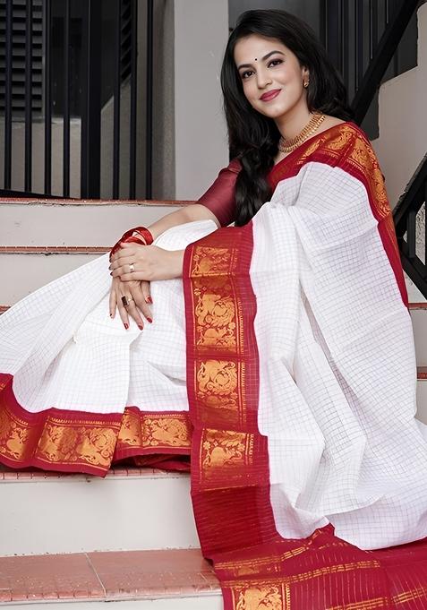 White And Red Jacquard Soft Lichi Silk Saree Set