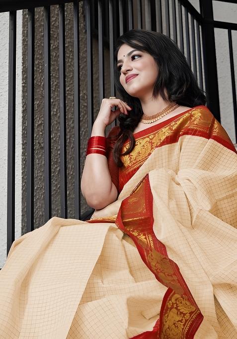 White And Red Jacquard Soft Lichi Silk Saree Set