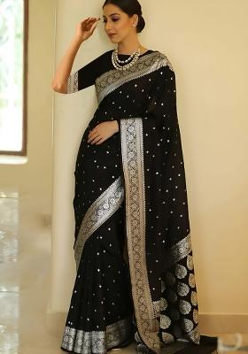 Black Jacquard Banarasi Soft Silk Saree Set