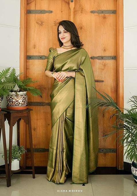 Green Jacquard Soft Lichi Silk Saree Set