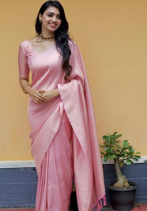 Pink Jacquard Soft Lichi Silk Saree Set