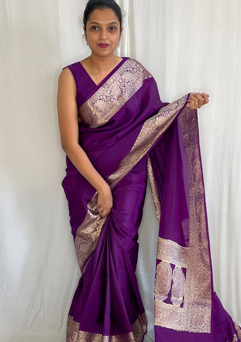 Purple Jacquard Banarasi Soft Silk Saree Set