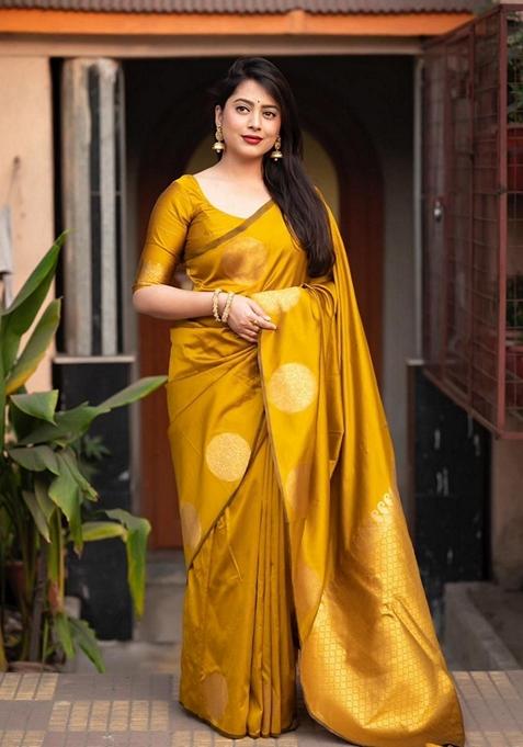 Yellow Jacquard Soft Lichi Silk Saree Set