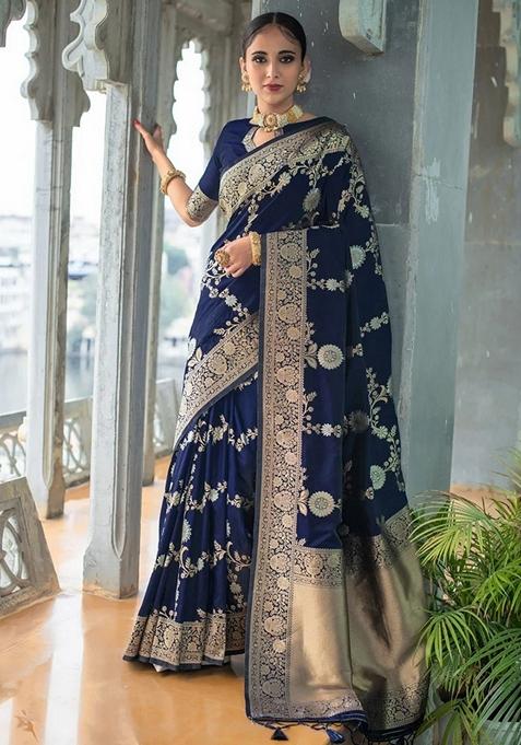 Blue Jacquard Soft Lichi Silk Saree Set