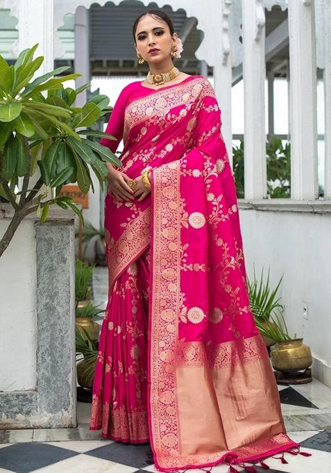 Pink Jacquard Soft Lichi Silk Saree Set