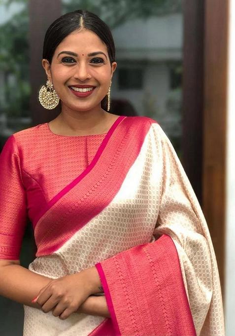 Rani And Cream Jacquard Banarasi Soft Silk Saree Set