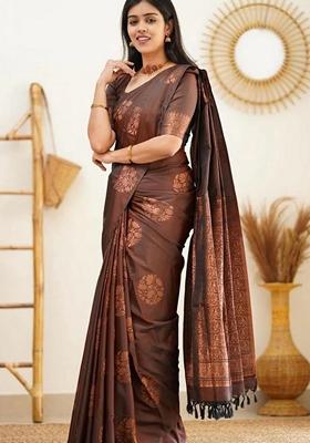 Brown Jacquard Soft Lichi Silk Saree Set