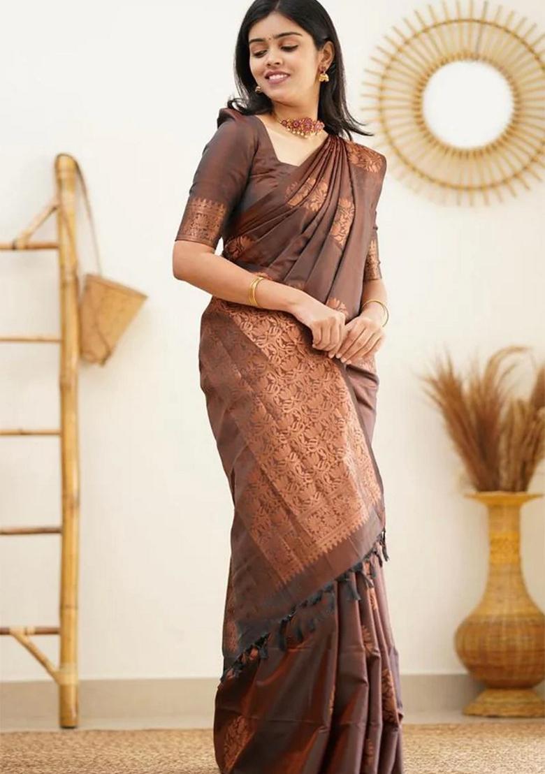 Brown Jacquard Soft Lichi Silk Saree Set - Indya