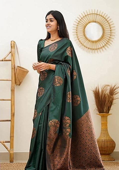 Dark Green Jacquard Soft Lichi Silk Saree Set