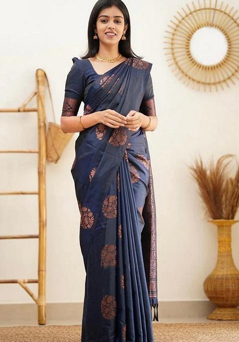 Navy Blue Jacquard Soft Lichi Silk Saree Set