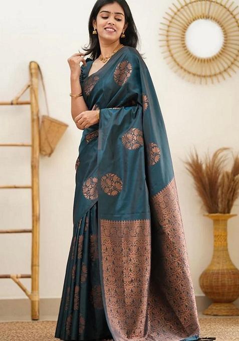 Rama Blue Jacquard Soft Lichi Silk Saree Set