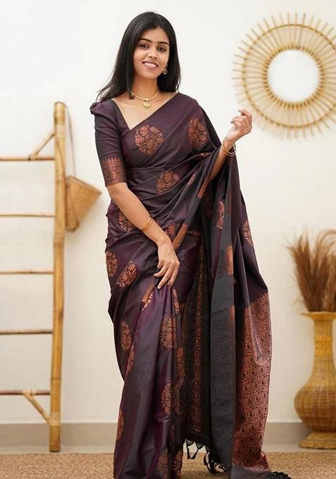 Wine Jacquard Soft Lichi Silk Saree Set