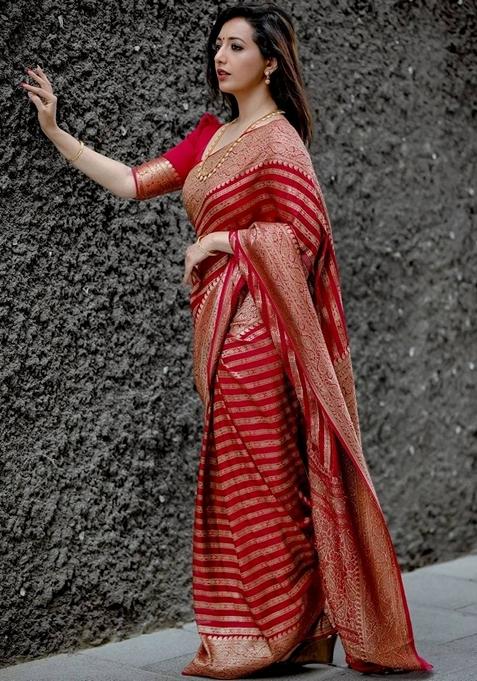 Red Jacquard Soft Lichi Silk Saree Set