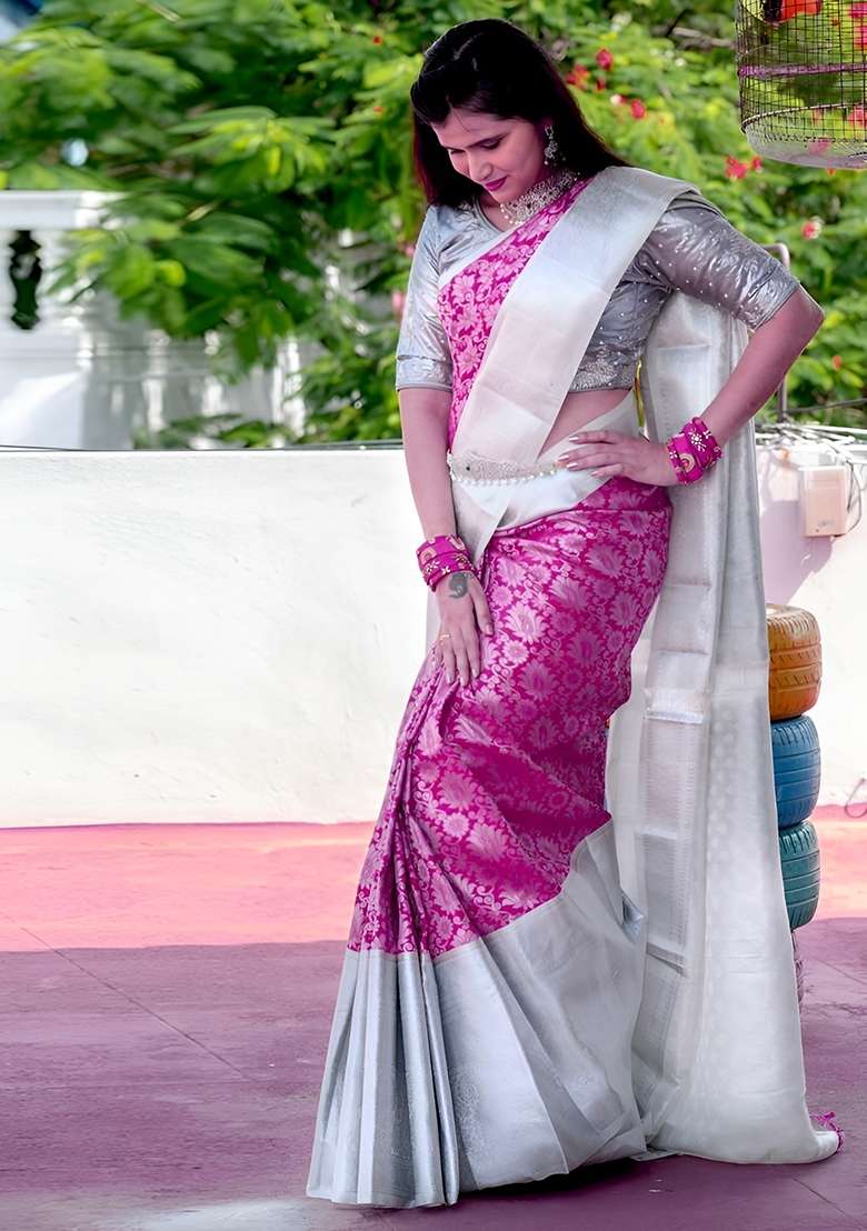 Pink Jacquard Soft Lichi Silk Saree Set - Indya