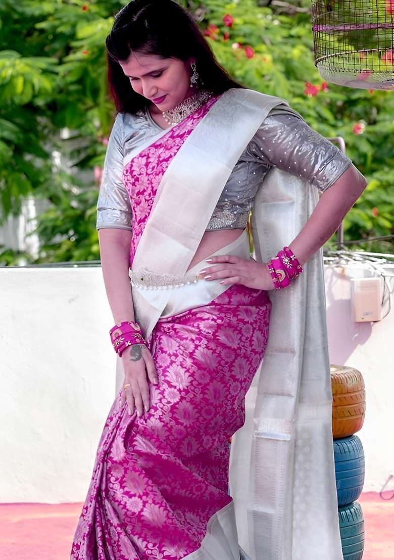Pink Jacquard Soft Lichi Silk Saree Set - Indya