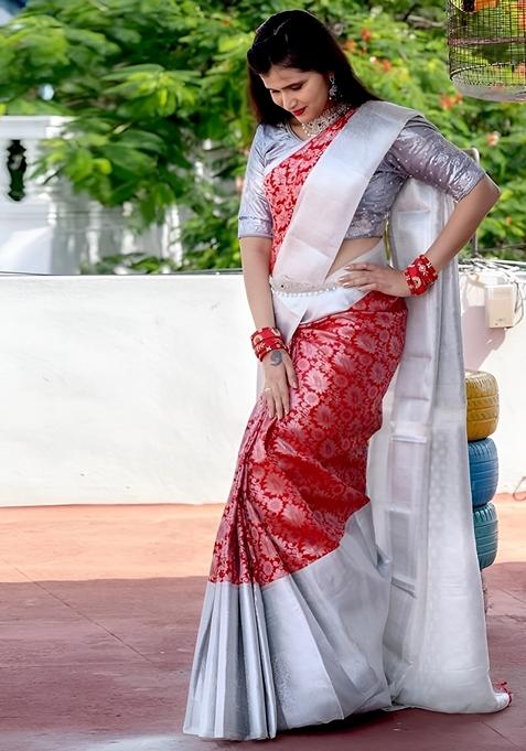 Red Jacquard Soft Lichi Silk Saree Set