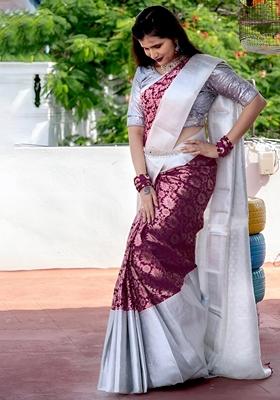 Wine Jacquard Soft Lichi Silk Saree Set