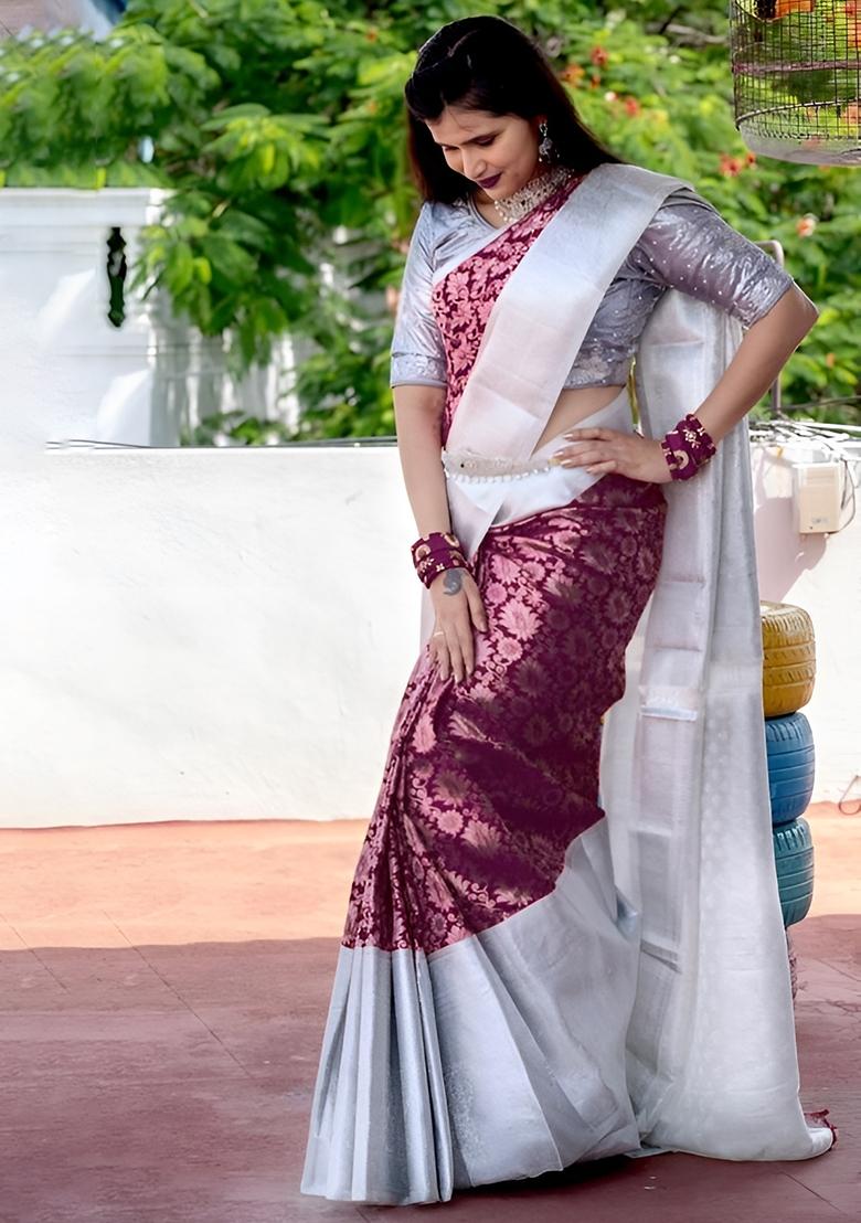 Wine Jacquard Soft Lichi Silk Saree Set