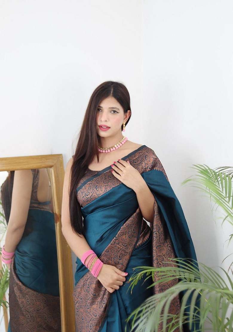 Rama Blue Jacquard Soft Lichi Silk Blend Saree Set for Diwali and Festive Wear - Indya