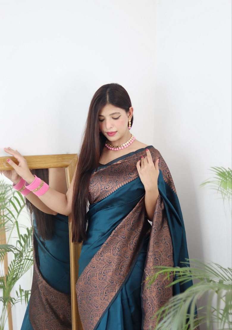 Rama Blue Jacquard Soft Lichi Silk Blend Saree Set for Diwali and Festive Wear - Indya