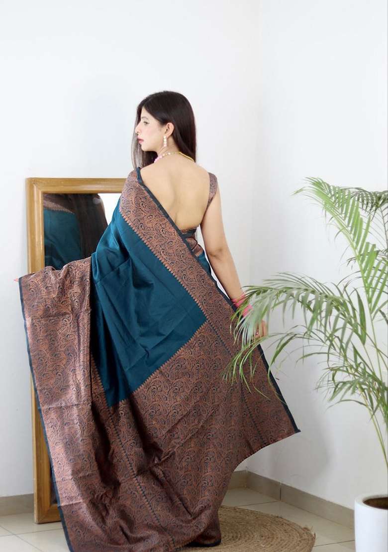 Rama Blue Jacquard Soft Lichi Silk Blend Saree Set for Diwali and Festive Wear - Indya