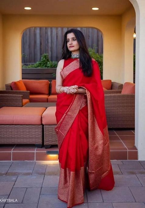 Red Jacquard Soft Lichi Silk Saree Set