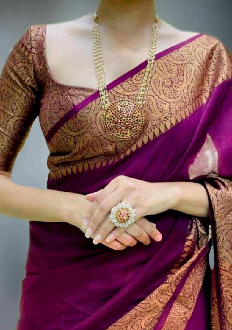 Wine Jacquard Soft Lichi Silk Saree Set