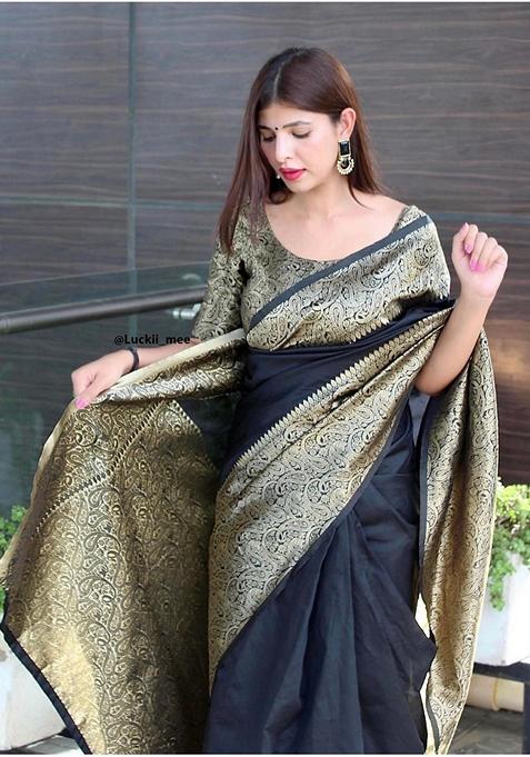 Black Jacquard Soft Lichi Silk Saree Set