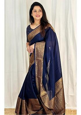 Navy Blue Jacquard Soft Lichi Silk Saree Set