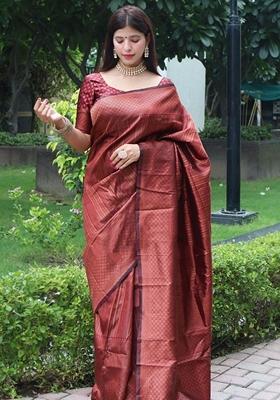 Maroon Jacquard Soft Lichi Silk Saree Set