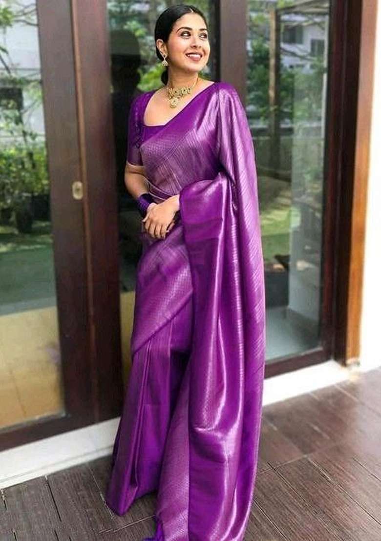 Purple Jacquard Soft Lichi Silk Blend Saree Set for Diwali | Wedding & Festive Wear - Indya