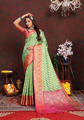 Parrot Green Meenakari Woven Soft Organza Silk Saree Set
