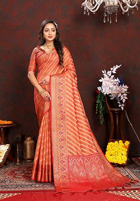 Orange Meenakari Woven Soft Organza Silk Saree Set