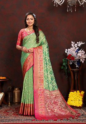 Off Green Meenakari Woven Soft Organza Silk Saree Set