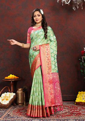 Pista Green Woven Soft Organza Silk Saree Set