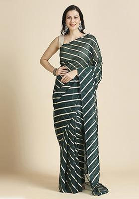 Off Green Foil Work Organza Chiffon Saree Set