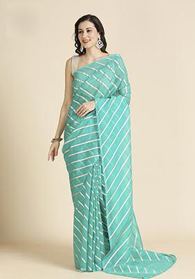Seafoam Blue Foil Work Organza Chiffon Saree Set