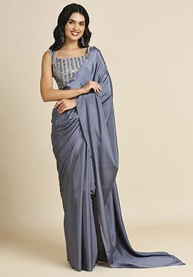 Grey Sequin Embroidered Soft Silk Saree Set